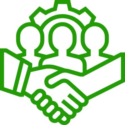 Green icon of two hands shaking below three silhouettes and a gear symbol.