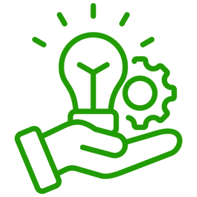 Green outline of a hand holding a light bulb and gear, symbolizing innovation and technology.
