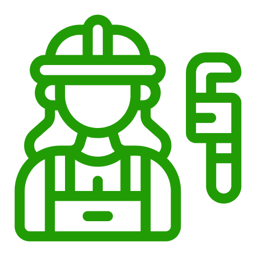Icon of a person wearing a hard hat and overalls, with a wrench beside them, symbolizing construction or plumbing work.