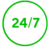 1 Green "24/7" text inside a white circle with a green border.